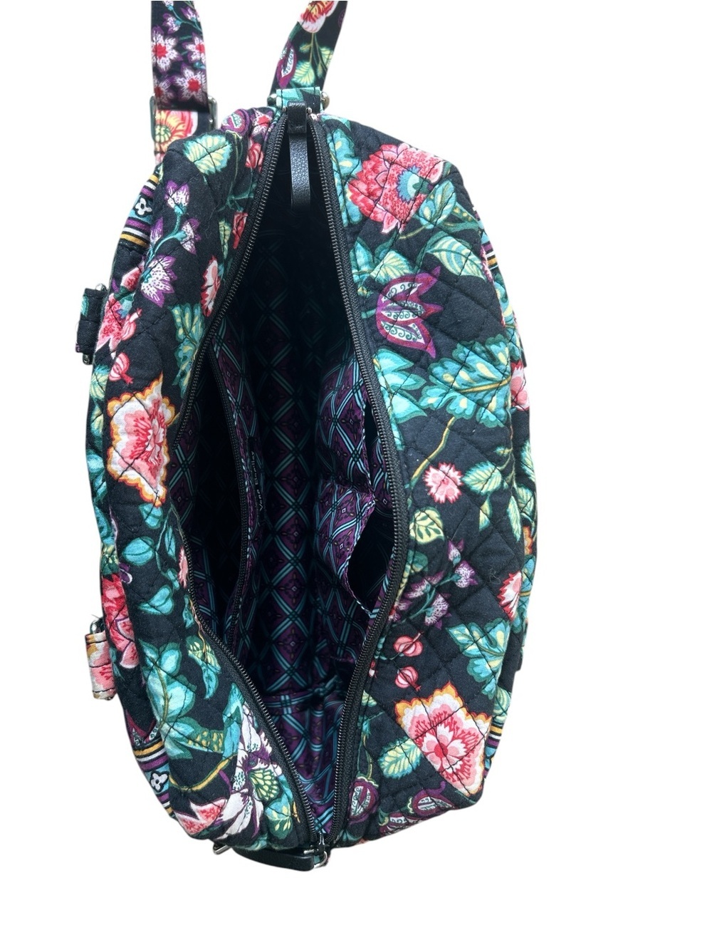 Vera Bradley Blue Quilted Floral Travel Satchel with Strap - Picture 5 of 7